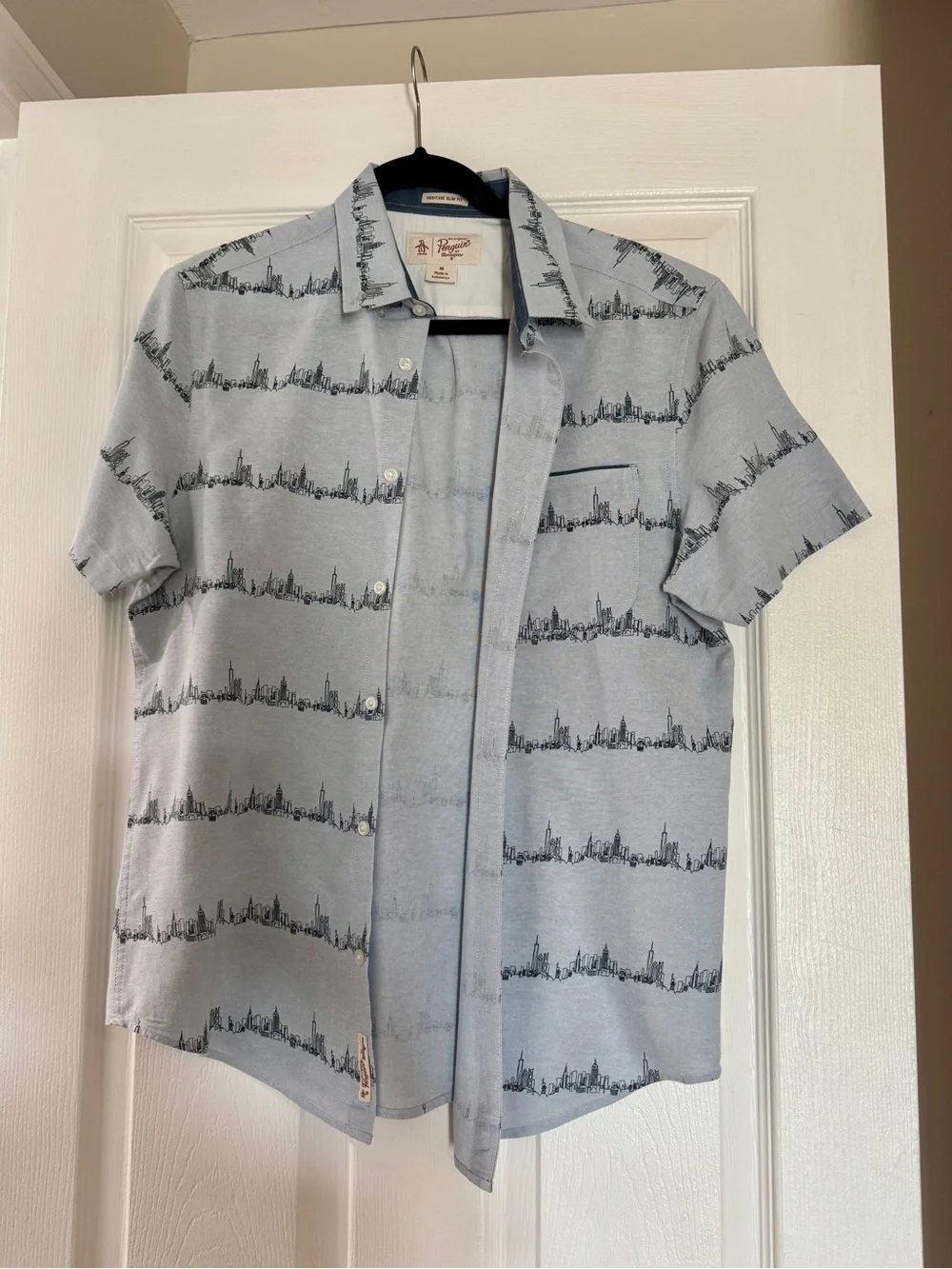 Original Penguin Light Blue Skyline-Stripe Short Sleeve Button-Down Shirt